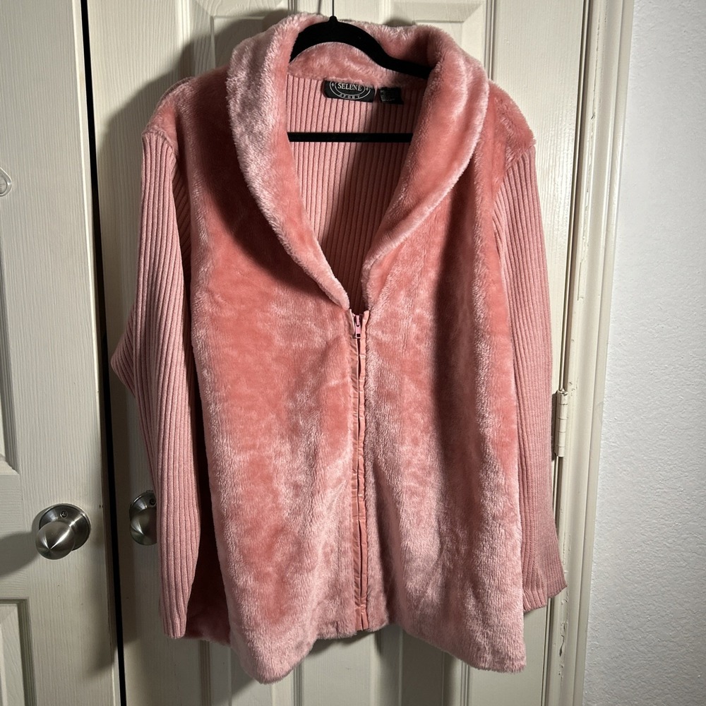 Vintage Selene Sport Pink Furry Women's Sweater Zip Up Jacket Size 30